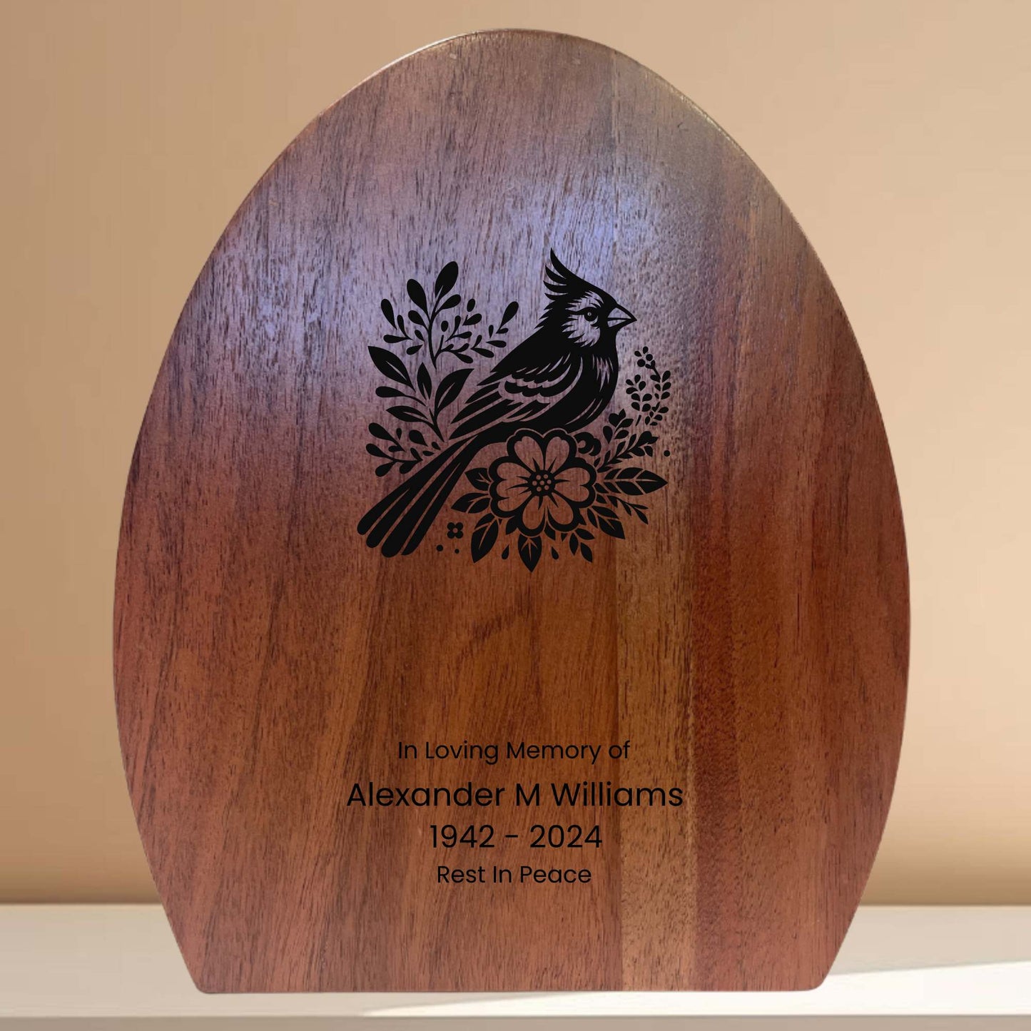 Personalized Cardinal Wooden Urn - 250 cu in - Custom Memorial Urn for Ashes Adult Male - Engravable Wood Urn Box for Human Cremains